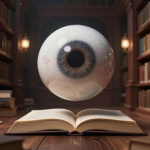 CGI image of a giant human eye hovering above an open book in a dimly lit, wooden library with bookshelves.