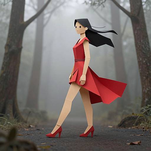 Digital artwork of a woman with black hair in a red dress and matching high heels walking in a foggy forest.