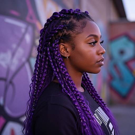 Photograph of a dark-skinned woman with long, vibrant purple braided hair, wearing a black shirt, standing against a colorful graffiti wall.
