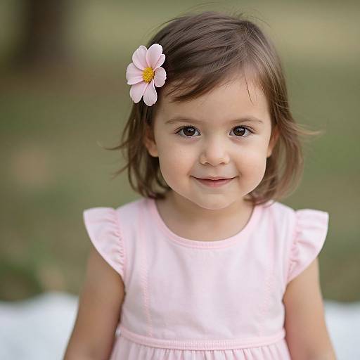 Photograph of a smiling young girl with light brown hair, wearing a pink dress and a pink flower in her hair, standing outdoors with a blurred green