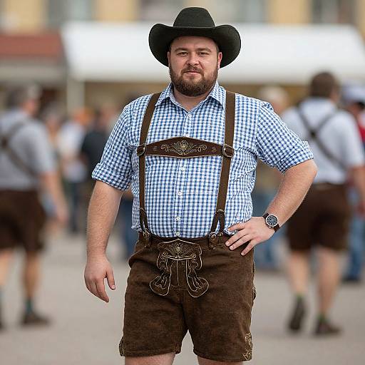 Photograph of a bearded man with a black hat, blue checkered shirt, brown leather suspenders, and shorts, standing confidently in a busy
