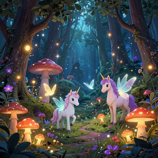 Whimsical forest scene: Two glowing, winged unicorns with colorful manes stand among luminescent mushrooms, butterflies, and fireflies under