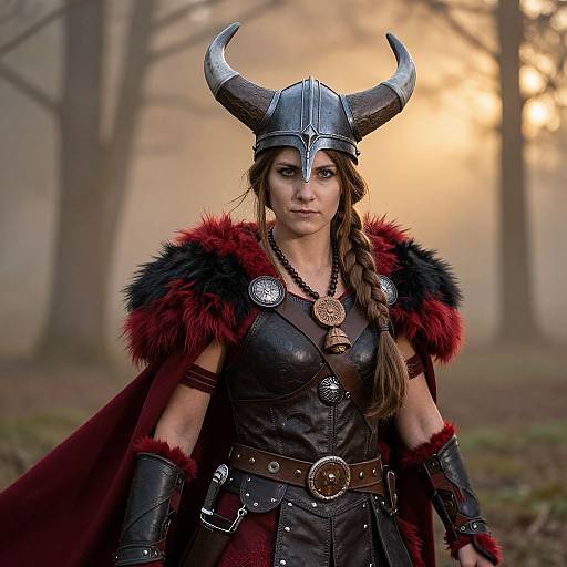 Photograph of a fierce, brown-haired woman in Viking armor with red fur, horned helmet, and brooch, standing in a misty forest