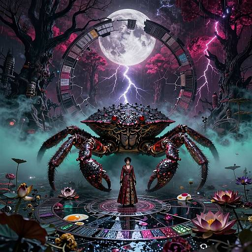 Digital fantasy artwork: Dark moonlit forest, giant crab with glowing eyes, woman in red dress, surrounded by lotus flowers, lightning, and clock