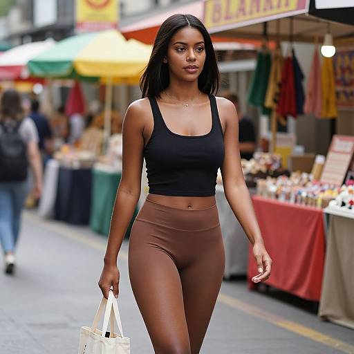 Photograph of a confident, dark-skinned woman with long black hair, wearing a black crop top and brown high-waisted leggings, walking in