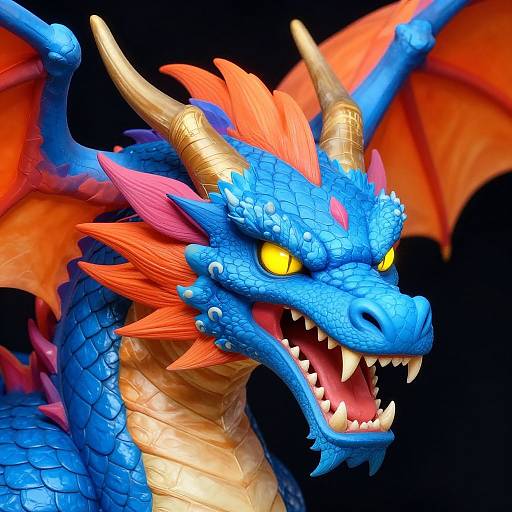 Vibrant digital artwork of a fierce blue dragon with orange wings, red spines, yellow eyes, and sharp white teeth, roaring against a black
