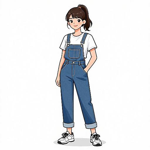 Digital anime-style drawing of a young woman with brown hair in a ponytail, wearing blue denim overalls, white t-shirt, and black-and-white