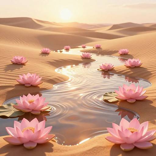 Photograph of pink lotus flowers floating on a reflective, rippling water puddle in a sunlit desert landscape with golden sand dunes.