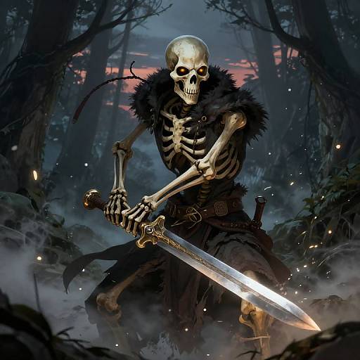 Digital fantasy art: skeletal warrior with glowing sword, black fur cloak, eerie forest, twilight sky, glowing embers, menacing grin, misty ground