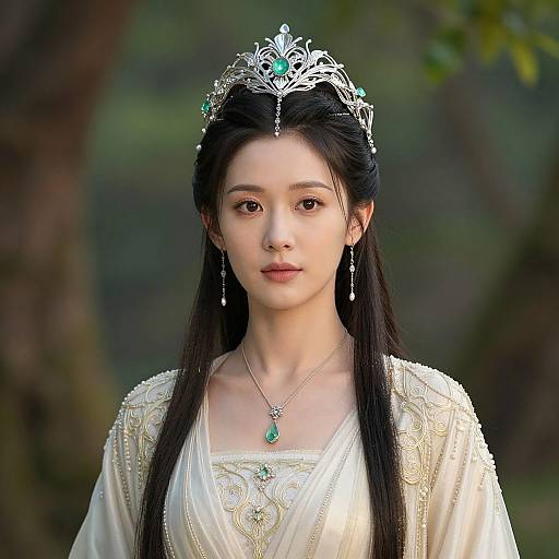 Photograph of an East Asian woman with long black hair, wearing a silver tiara, white embroidered dress, and green jewelry, standing in a forest