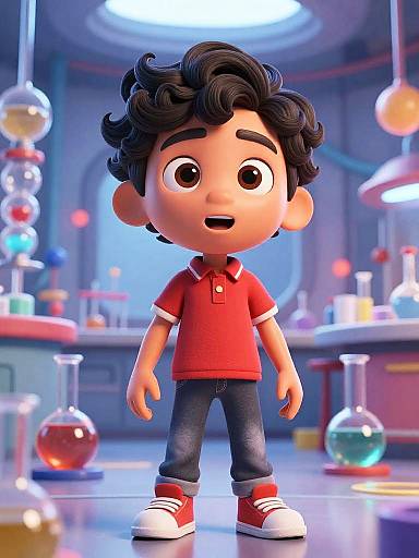 CGI cartoon of a cute boy with curly black hair, wearing a red polo, blue jeans, and red sneakers, standing in a colorful, lit
