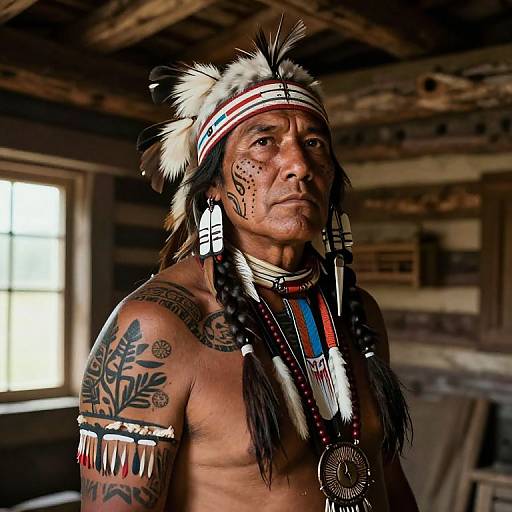 Photograph of a Native American man with feathered headband, tribal tattoos, and traditional jewelry, standing in a rustic wooden cabin.
