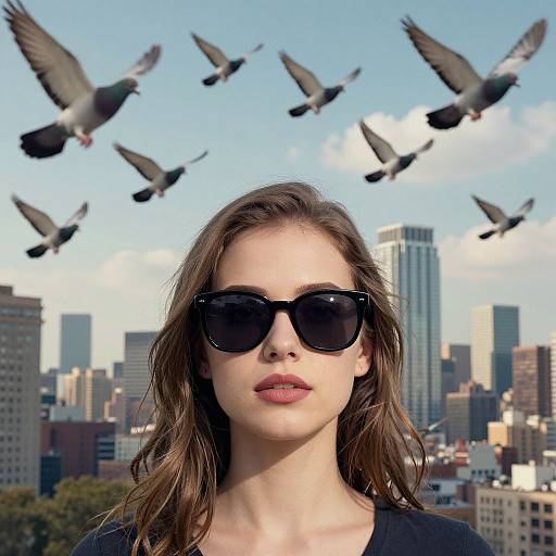 Photograph of a young white woman with brown hair, wearing black sunglasses, in front of a city skyline with flying pigeons.
