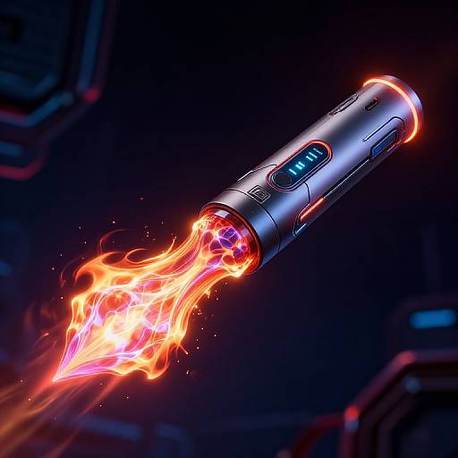 Digital illustration of a futuristic silver rocket emitting bright, fiery flames, set against a dark, neon-lit background. Vibrant colors and dynamic motion.