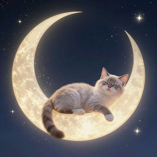 Photograph-like digital artwork of a fluffy, gray-and-white cat lounging on a glowing crescent moon against a dark, starry night sky.