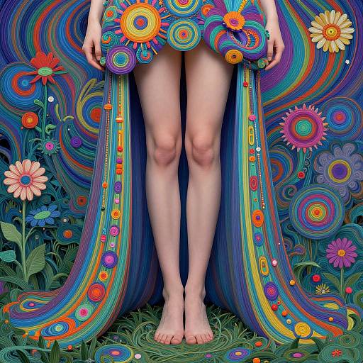 Digital art: Naked woman's legs centered, surrounded by vibrant, swirling rainbow colors, adorned with circular patterns, and colorful flowers in the background.