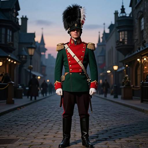 Photograph of a British soldier in a red and green uniform with a tall black bearfur hat standing on a cobblestone street at twilight in a