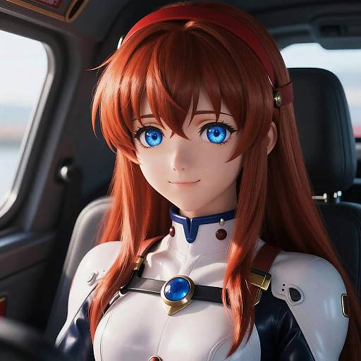 Digital anime-style drawing of a red-haired girl with blue eyes, wearing a white and blue futuristic bodysuit, seated in a car. Bright sunlight