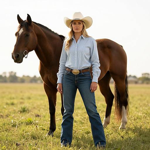 Photograph of a blonde woman in a white cowboy hat, blue checkered shirt, and jeans standing in a grassy field with a brown horse beside