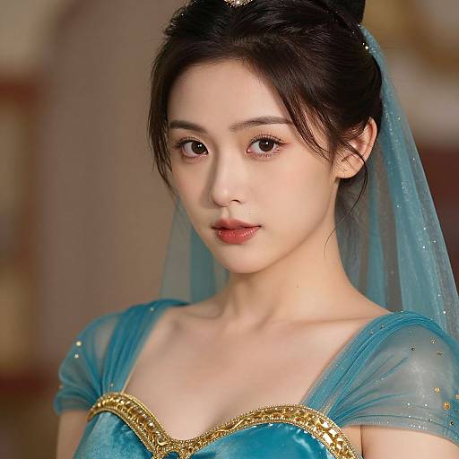 Photograph of an East Asian woman with fair skin, black hair in an updo, wearing a blue, gold-trimmed, sheer dress with