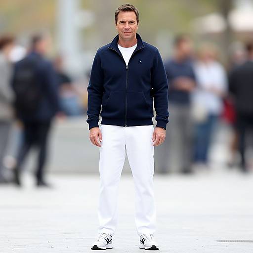 Photograph of a man with short brown hair, wearing a navy jacket, white shirt, white pants, and black shoes, standing in a blurred outdoor