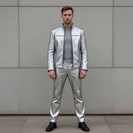 Photograph of a bearded man in a shiny silver leather jacket and pants, gray t-shirt, black shoes, standing against a gray wall.