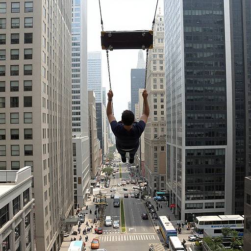Photograph of a giant man in a black shirt lifting a billboard between tall skyscrapers in a bustling city street.