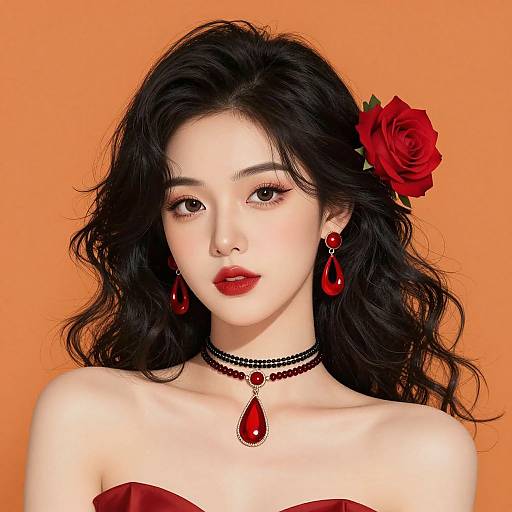 Digital portrait of an Asian woman with long black hair, red rose in hair, red lipstick, earrings, necklace, and strapless red dress, against
