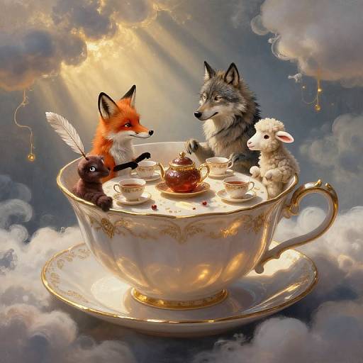 Digital painting of a tea cup with a red fox, gray wolf, and white sheep, surrounded by clouds and sunlight. Tea set with ornate designs