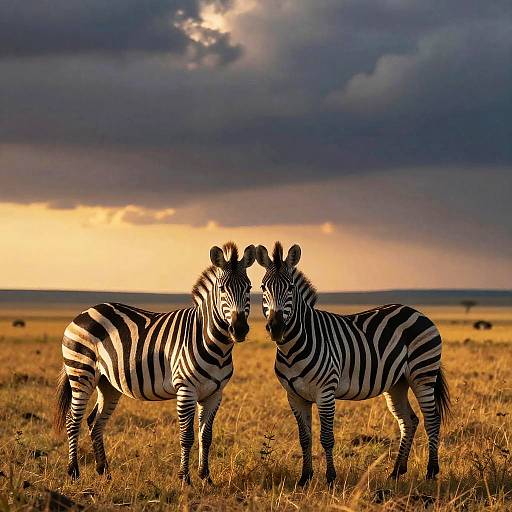 Photograph of two zebras standing side by side in a golden grass savanna, under a dramatic, cloudy sky at sunset.