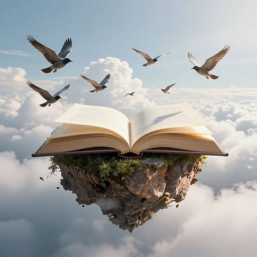 Photograph-style digital artwork of an open book floating in the sky, surrounded by flying birds, with a rocky island base.