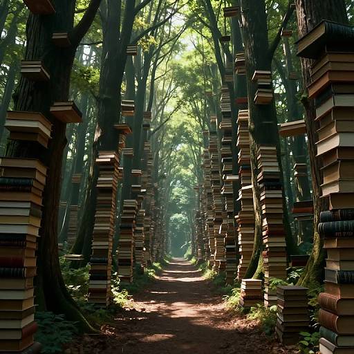 Photograph of a sunlit forest path lined with stacks of books attached to tall trees, creating a surreal, enchanted atmosphere.
