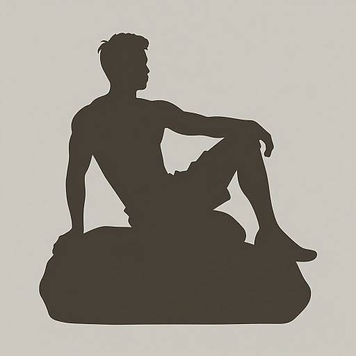 Silhouette of a muscular man with short hair, sitting casually on a rock, arm resting on knee, white background.