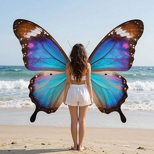 Photograph of a woman with long brown hair, white dress, and large blue and purple butterfly wings, standing on a sunny beach with waves in the