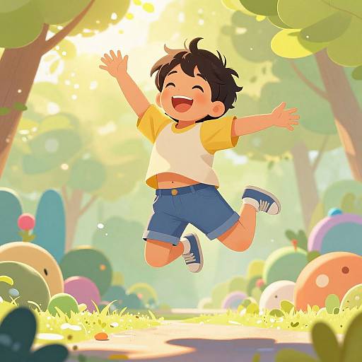 Digital illustration of a joyful, young boy with black hair, wearing a white t-shirt, yellow sleeves, blue shorts, and blue shoes, jumping in