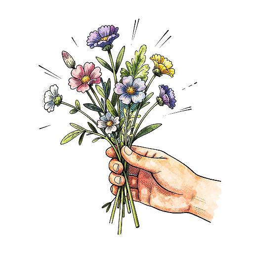 Whimsical Hand Holding Wildflowers Illustration