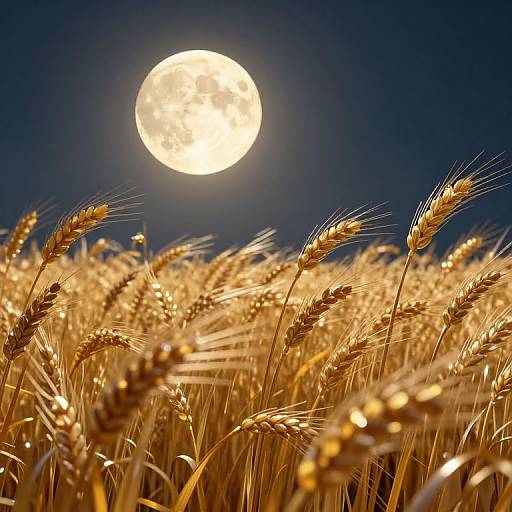 Photograph of a golden wheat field under a bright full moon in a dark blue night sky, with wheat stalks in sharp focus.