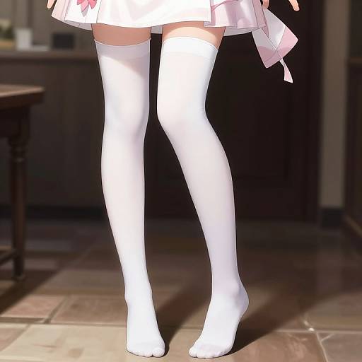 Digital anime-style image of a girl's legs in white thigh-high stockings, wearing a short white skirt, standing on tiled floor.