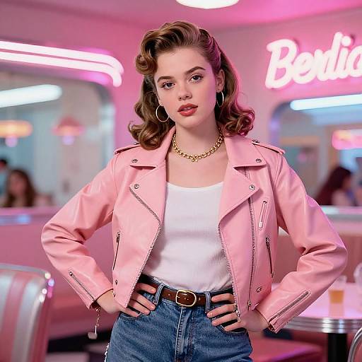 Photograph-style digital illustration of a 1950s-inspired woman with wavy brown hair, pink leather jacket, white top, blue jeans, gold