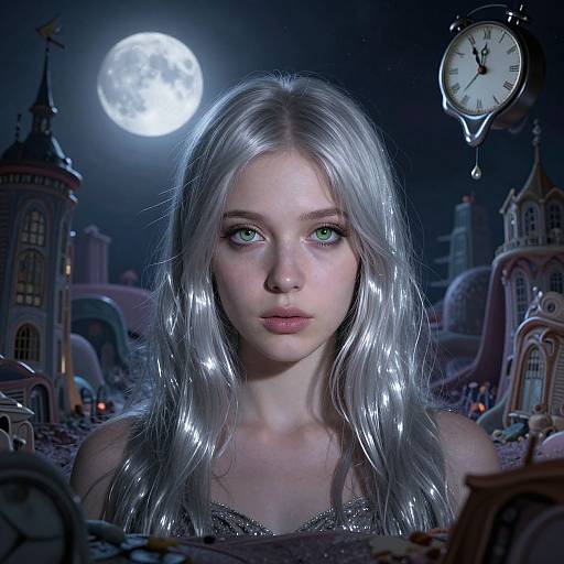 Digital artwork of a silver-haired, green-eyed young woman with fair skin, centered in a moonlit, whimsical, clock-stopped town at night