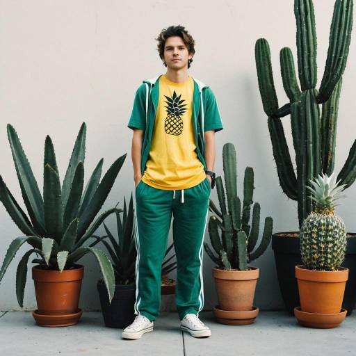Young Man in Pineapple T-Shirt Standing by Potted Cacti