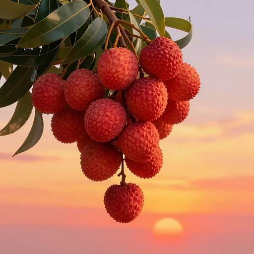 Photograph of a cluster of vibrant red rambutan fruits with textured skin, hanging from a branch with green leaves, set against a colorful sunset sky