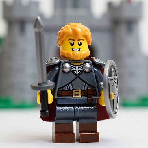 Photograph of a LEGO knight minifigure with yellow hair, black armor, brown belt, shield, and sword, set against a blurred castle background