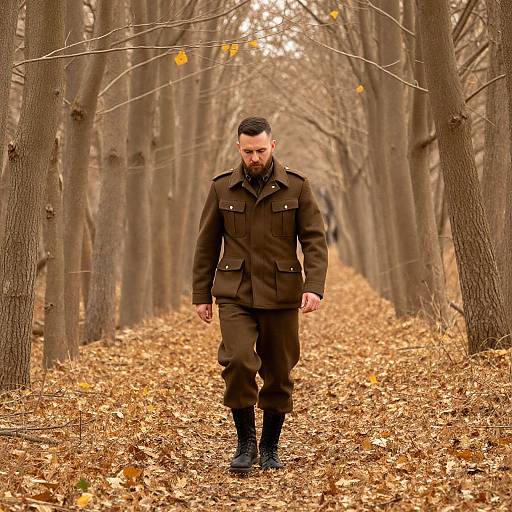 Photograph of a bearded man in a brown military-style coat walking down a leaf-covered forest path lined with tall, bare trees.