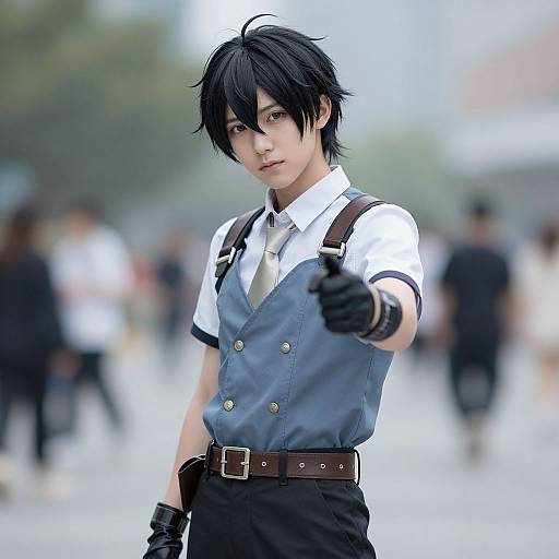 Digital anime-style photograph of a young man with black hair, wearing a blue vest, white shirt, and black gloves, pointing forward in an urban setting