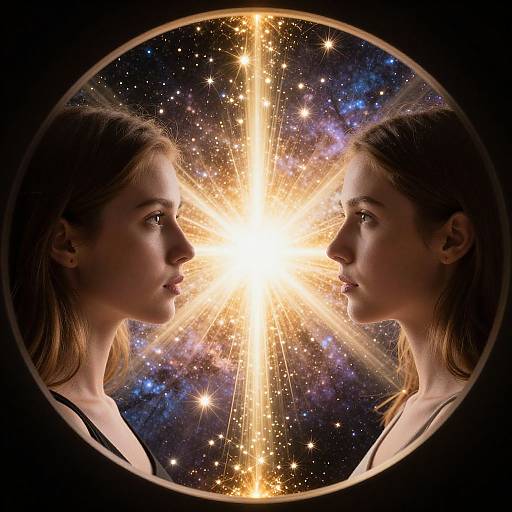 Photograph-like digital art of two women in profile facing each other, surrounded by a glowing cosmic starburst against a starry background.