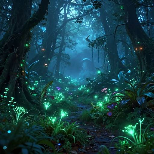 Digital artwork of a mystical, blue-lit forest at night. Glowing green and blue fireflies illuminate lush, bioluminescent plants and a