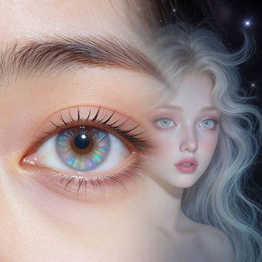 Digital artwork: Close-up of a vibrant, iridescent eye superimposed over a ethereal, pale-skinned, silver-haired woman with blue