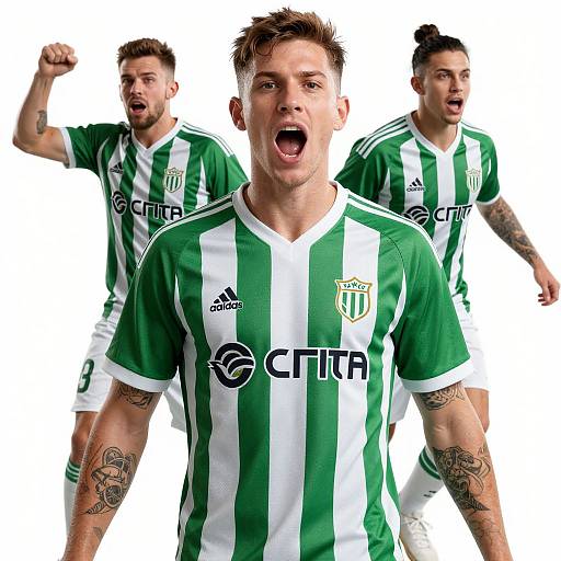 Photograph of three male soccer players in green and white striped Celta Vigo jerseys, shouting and celebrating, with visible tattoos, against a white background
