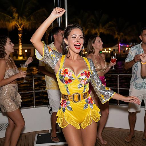 Photograph of a smiling Latina woman in a vibrant yellow, floral-embellished, sequined dress, dancing on a nighttime boat deck with other